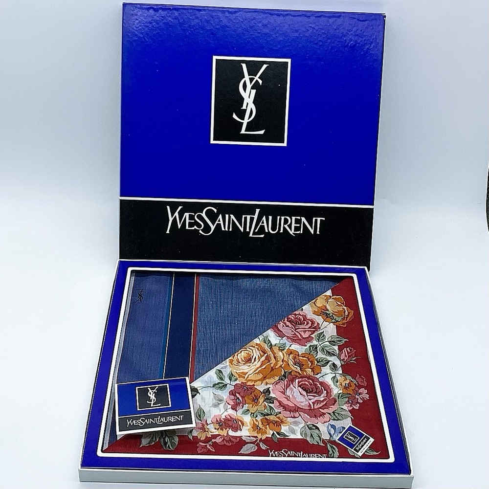 2-Pc Yves Saint Laurent YSL 100% Cotton Floral Handkerchief